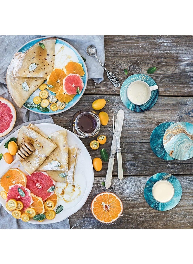 هاي هونور مجموعة من 6 قطع من قواعد الأكواب الماصة للمشروبات من دوك، قواعد أكواب دائرية ماصة من السيراميك مع قاعدة من الفلين، قواعد أكواب مضحكة مع حامل للمشروبات الباردة وأكواب النبيذ وحماية سطح الطاولة، 4 بوصات، رخام أخضر مزرق - Image 2