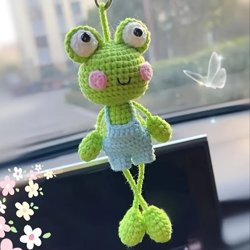 1pc Handmade Crochet Car Accessory Rearview Mirror Decoration Cute Little Frog Shape Fresh Charm Bag Charm Birthday Valentine Day Gift - Image 1