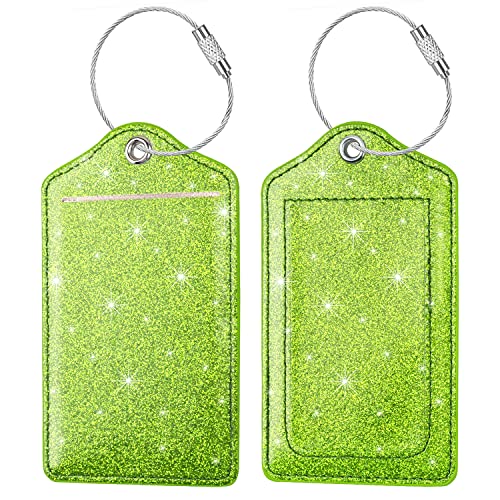 Coco Rossi (Set of 2) Luggage Tag Leather Privacy Cover ID Label Address Card with Stainless Steel Loop, Travel Bag Tags Suitcase Labels, Glitter Chartreuse - Image 1