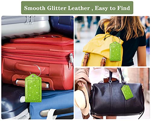 Coco Rossi (Set of 2) Luggage Tag Leather Privacy Cover ID Label Address Card with Stainless Steel Loop, Travel Bag Tags Suitcase Labels, Glitter Chartreuse - Image 3
