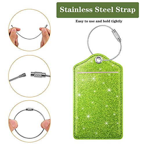 Coco Rossi (Set of 2) Luggage Tag Leather Privacy Cover ID Label Address Card with Stainless Steel Loop, Travel Bag Tags Suitcase Labels, Glitter Chartreuse - Image 5