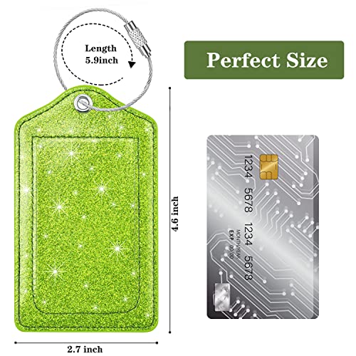 Coco Rossi (Set of 2) Luggage Tag Leather Privacy Cover ID Label Address Card with Stainless Steel Loop, Travel Bag Tags Suitcase Labels, Glitter Chartreuse - Image 4