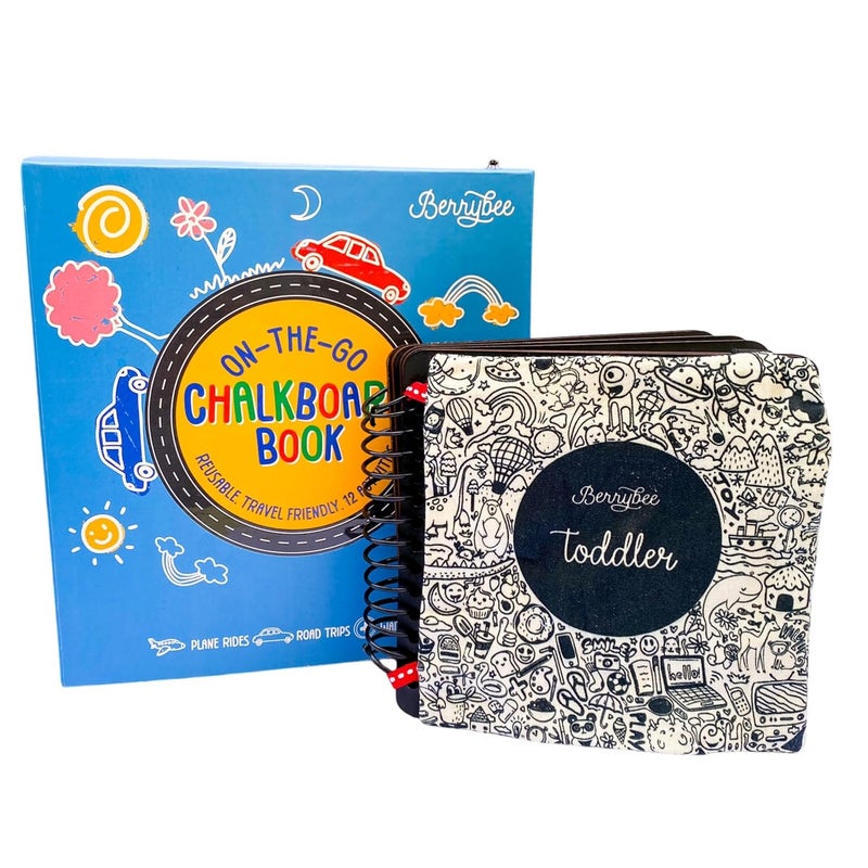 Berrybee Toddler Children's Activity Chalkboard Book | Reusable & Erasable 12-Page Learning Book | 12 Fun Activities with Chalk & Holder | Screen-Free Portable Educational Toy for Kids Ages 3 & Up - Image 1