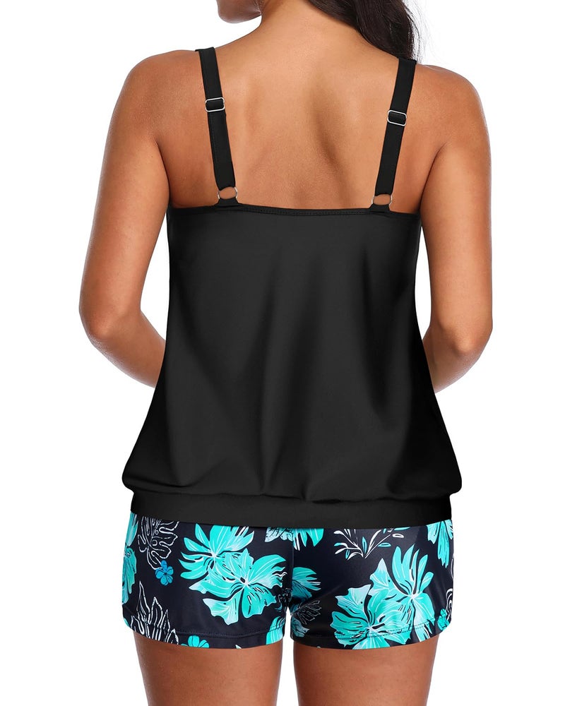 Aqua Eve Two Piece Women's Tankini Swimsuits Blouson Swim Tank Top with Shorts Modest Bathing Suits Green Blue Flower XL - Image 2
