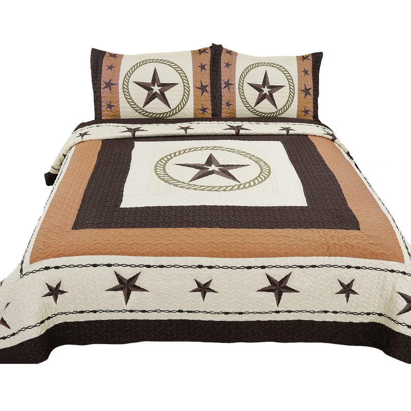 Western Peak 3 Piece Western Texas Lone Star Cabin Lodge Barb Wire Luxury Quilt Bedspread Coverlet Comforter Brown Beige Set Queen