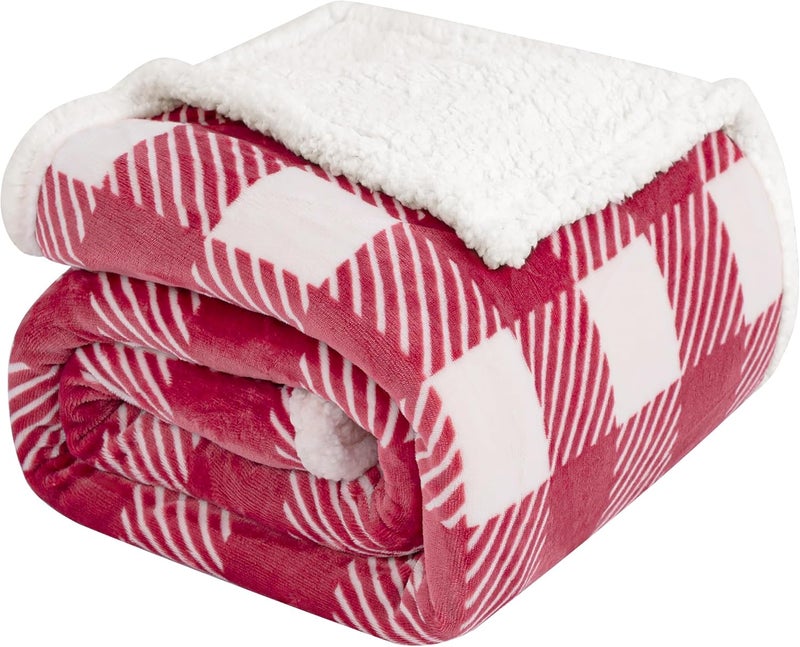Touchat Sherpa Plaid Twin Blanket 60" X 70", Fuzzy Fluffy Soft Cozy Throw Blanket, Twin Size Plush Fleece Flannel Plush Microfiber Blanket for Couch Bed Sofa (RustRed) - Image 1