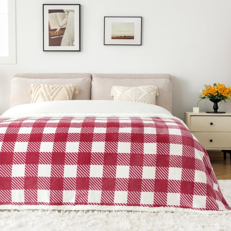 Touchat Sherpa Plaid Twin Blanket 60" X 70", Fuzzy Fluffy Soft Cozy Throw Blanket, Twin Size Plush Fleece Flannel Plush Microfiber Blanket for Couch Bed Sofa (RustRed) - Image 4