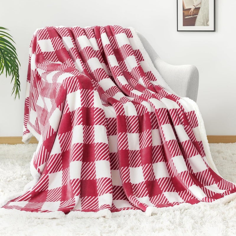 Touchat Sherpa Plaid Twin Blanket 60" X 70", Fuzzy Fluffy Soft Cozy Throw Blanket, Twin Size Plush Fleece Flannel Plush Microfiber Blanket for Couch Bed Sofa (RustRed) - Image 2