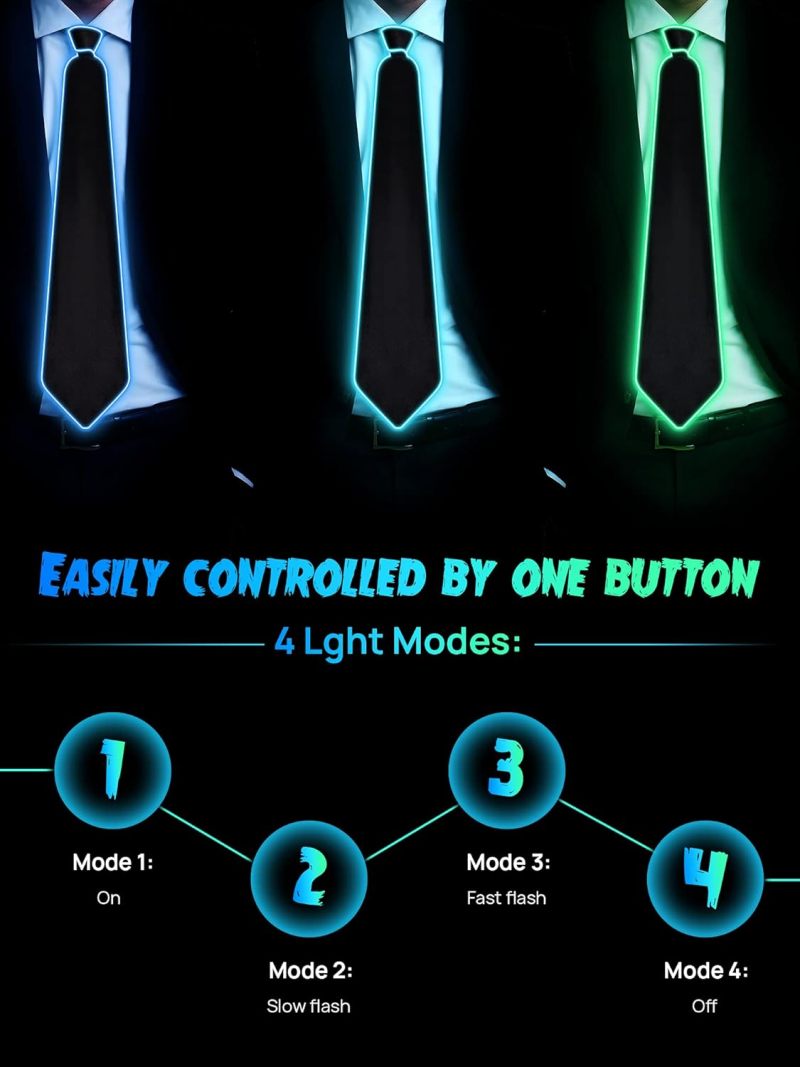 LED Bow Tie 40x6.5cm Adjustable Polyester Glowing Accessory - 3 Light Modes Steady Slow Flash Rapid Flash Neon Tie for Halloween Raves Costume Parties - Image 2