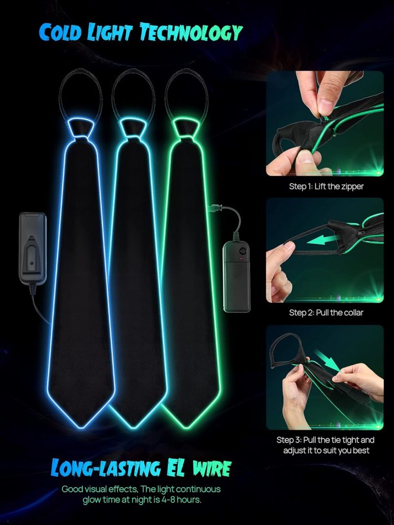 LED Bow Tie 40x6.5cm Adjustable Polyester Glowing Accessory - 3 Light Modes Steady Slow Flash Rapid Flash Neon Tie for Halloween Raves Costume Parties - Image 4