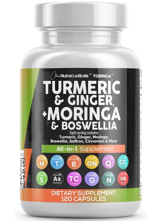 Clean Nutraceuticals Turmeric Curcumin 30000mg Ginger 3000mg Moringa 50000mg Boswellia 3000mg Saffron 2000mg - Joint Support Supplement for Women and Men with Ceylon Cinnamon, Quercetin, Tart Cherry - 120 Caps  - Image 1