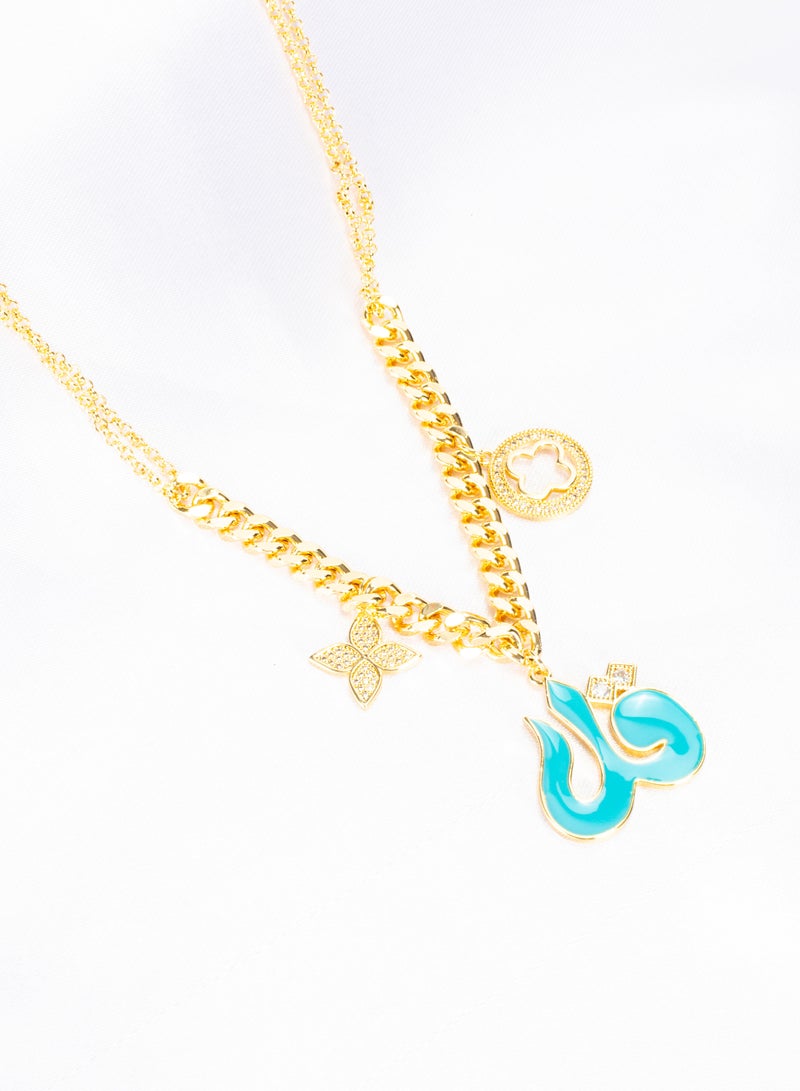 The Black Pearl Accessories Chinese Gold Necklace with a Blue Zirconic "Qul" Pendant - Image 1
