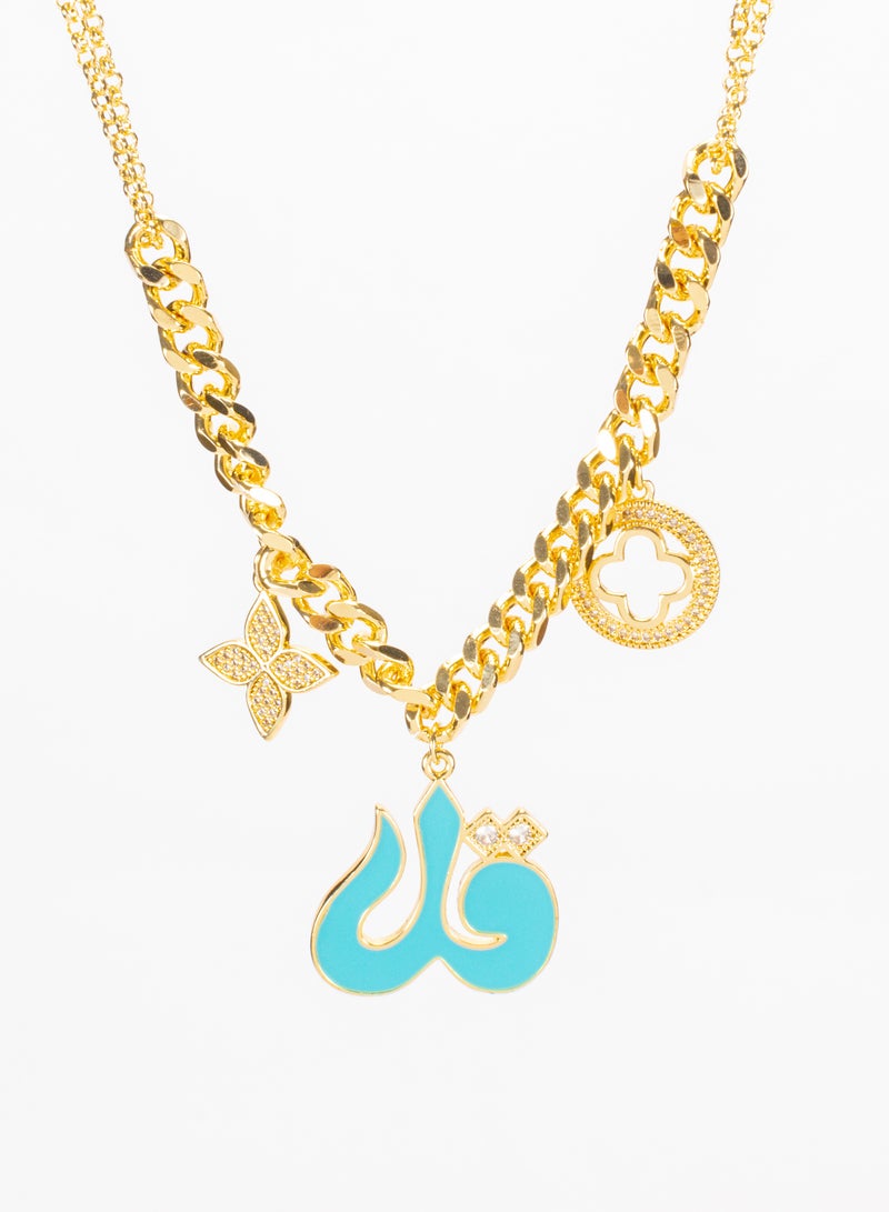 The Black Pearl Accessories Chinese Gold Necklace with a Blue Zirconic "Qul" Pendant - Image 2