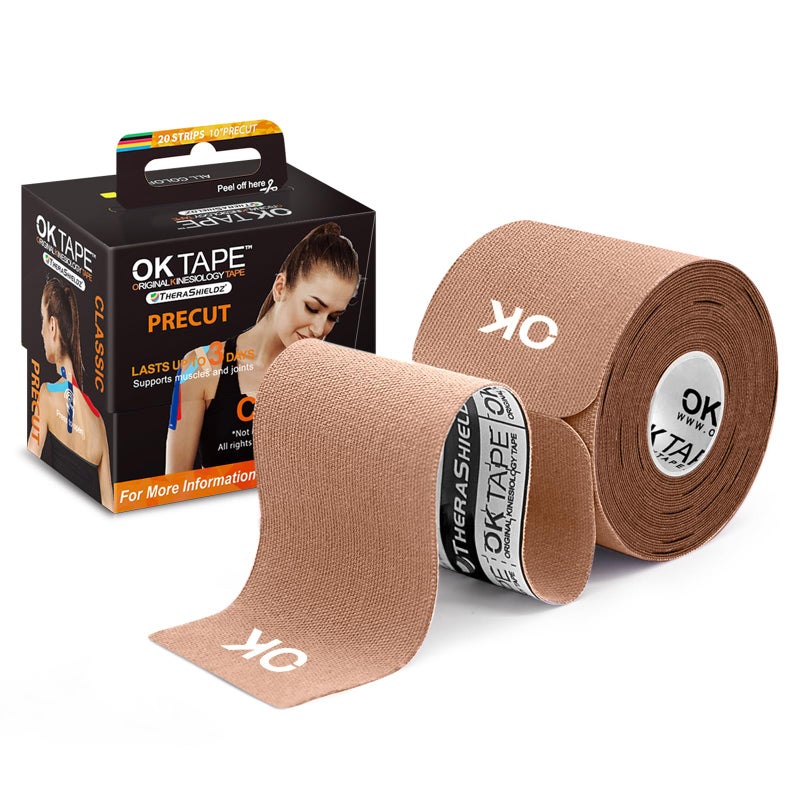 OK TAPE شريط كينيسيو OK TAPE 10 بوصة مقطع مسبق 20 شريط قطن مرن شريط رياضي خالي من اللاتكس 2 بوصة × 16 قدم بيج - Image 3