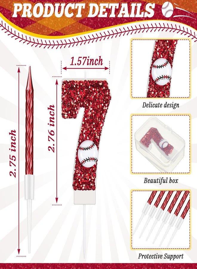 MTLEE Baseball Birthday Number 7 Candle with 10 Long Thin Cupcake Candle Red Baseball Cake Topper Sequins Sports Theme Birthday Party Decorations for Anniversary Celebrations - Image 2