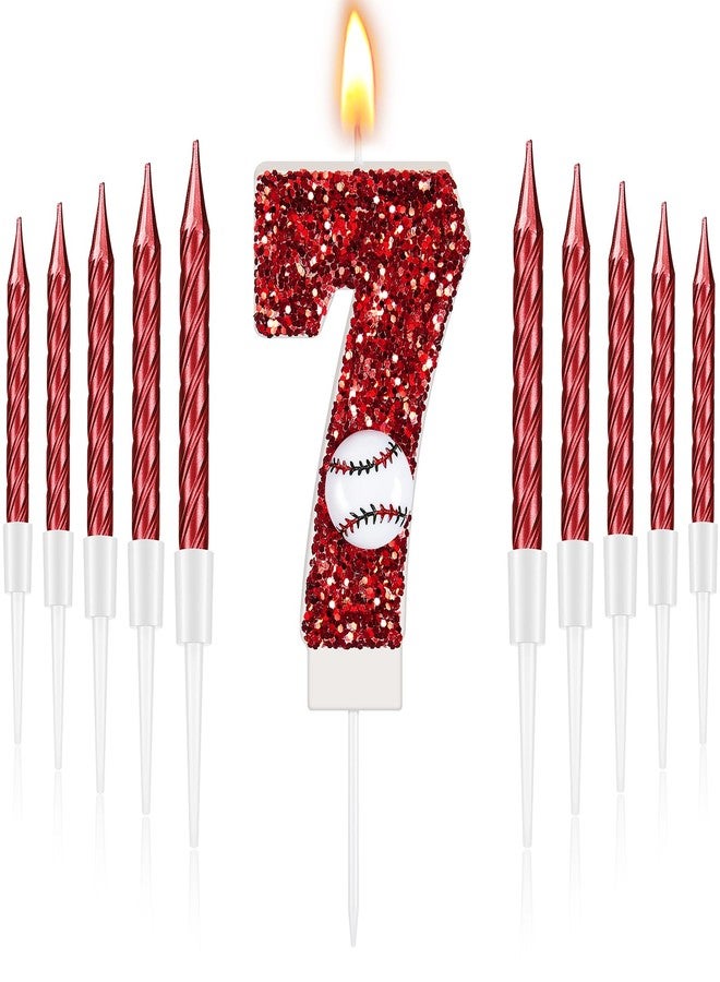 MTLEE Baseball Birthday Number 7 Candle with 10 Long Thin Cupcake Candle Red Baseball Cake Topper Sequins Sports Theme Birthday Party Decorations for Anniversary Celebrations - Image 1