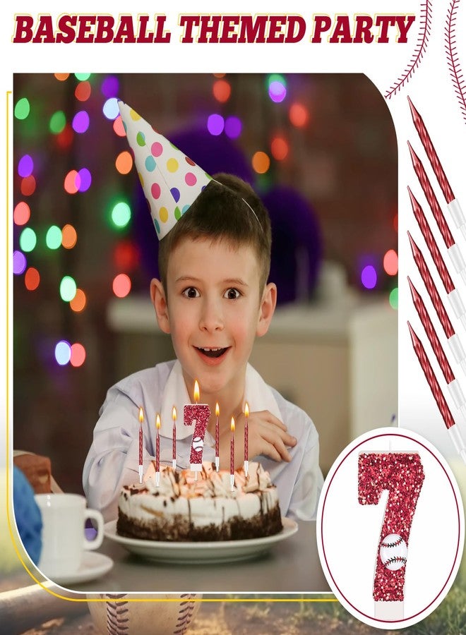MTLEE Baseball Birthday Number 7 Candle with 10 Long Thin Cupcake Candle Red Baseball Cake Topper Sequins Sports Theme Birthday Party Decorations for Anniversary Celebrations - Image 4