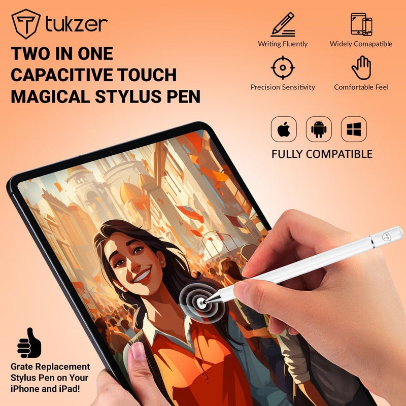 tuKZer Universal Stylus Pen for Smartphone/Tablet/iPad/Pro/Air/iPhone/iOS/Android/All Touch Screens Devices| Fine Point Disc Tip, Lightweight Aluminum Body Magnetic Cap Drawing Writing (White) - Image 3