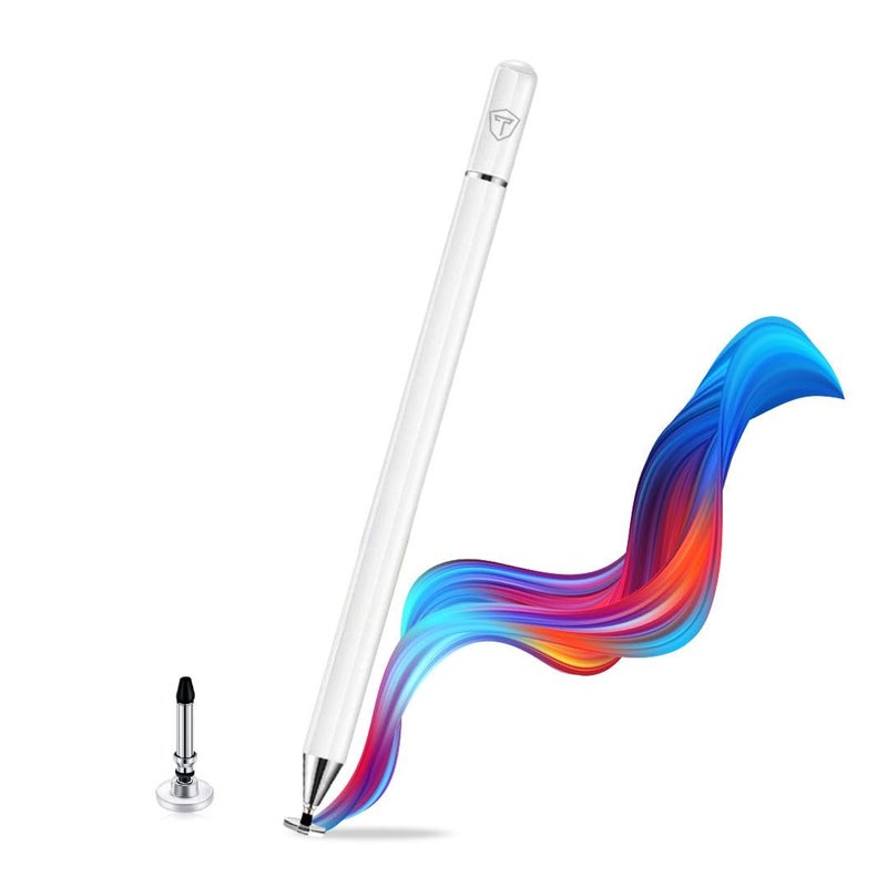 tuKZer Universal Stylus Pen for Smartphone/Tablet/iPad/Pro/Air/iPhone/iOS/Android/All Touch Screens Devices| Fine Point Disc Tip, Lightweight Aluminum Body Magnetic Cap Drawing Writing (White) - Image 1