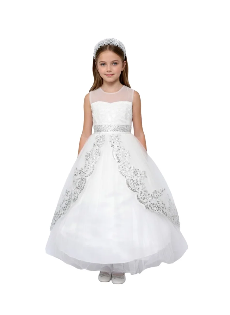 D'Daniela Sleeveless Princess Dress with Metallic Lace Detail