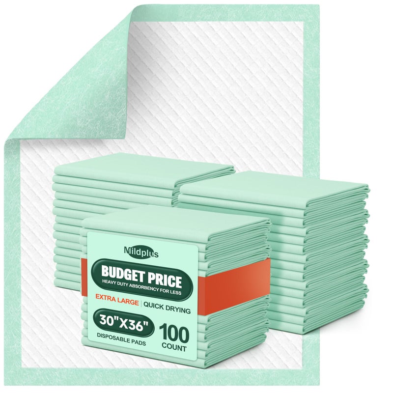 MILDPLUS Disposable Bed Pads 30X36 100 Count Extra Large Underpads for Incontinence Disposable Pads for Adult Bedwetting Child or Pets No Adhesive