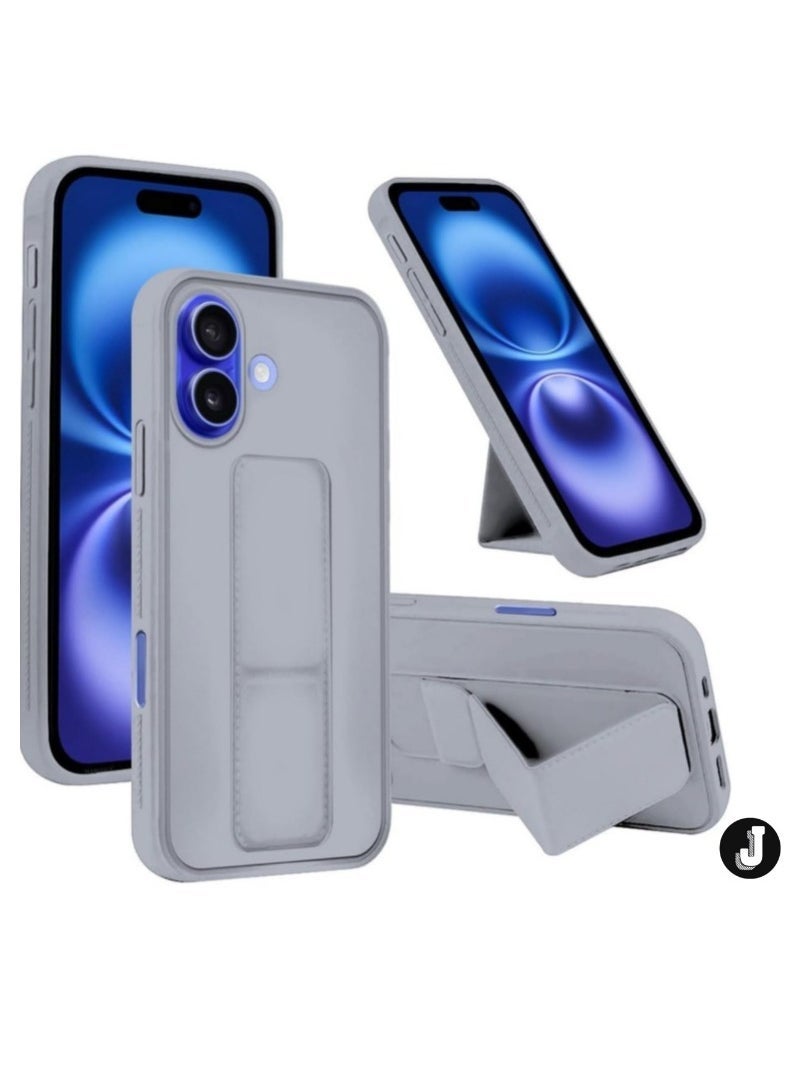 JAJEEK iPhone 16 Plus Titanium Gray Magnetic Car Mount Kickstand Case – Premium Silicone Multi-Stand with Hand Strap Grip - Image 1