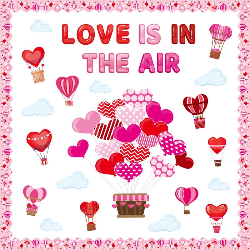 YCDMLJC Valentine’s Day Hot Air Balloon Heart Bulletin Board Decoration Set，Love is in The Air for School Classroom Wall Decor Valentines Party Supplies - Image 1