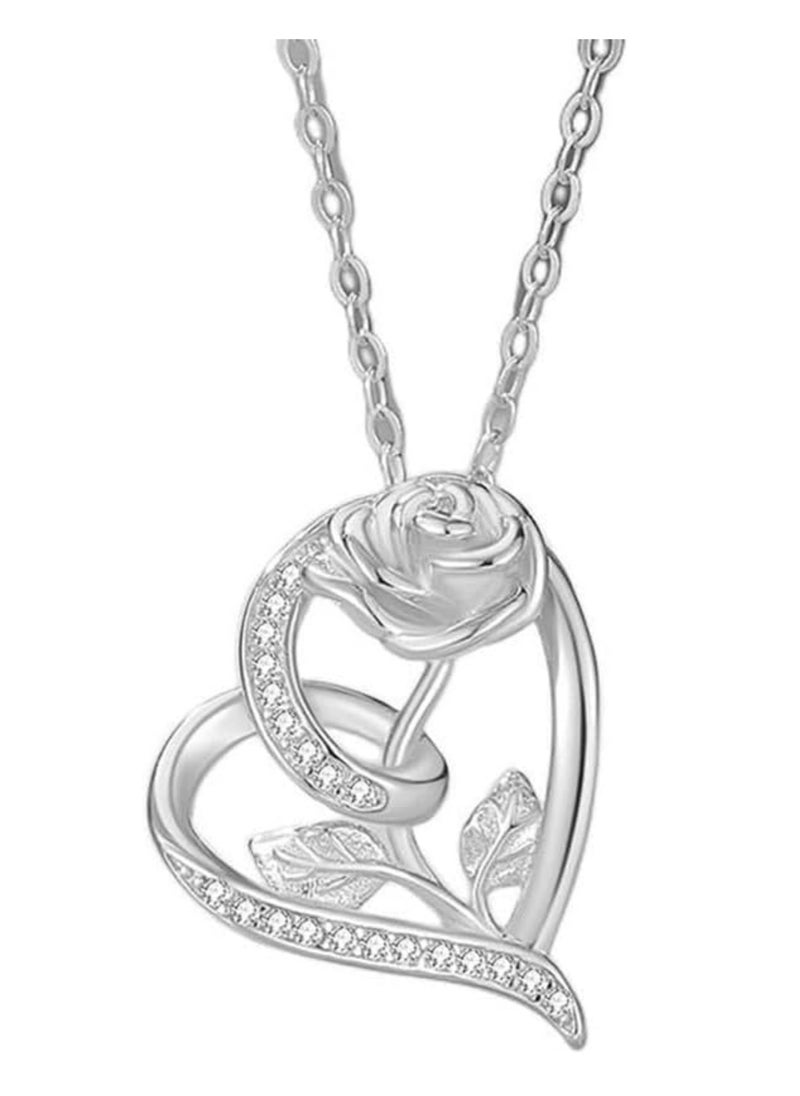 Mike Music - Elegantly Crafted 925 Sterling Silver Heart and Blooming Rose Pendant Necklace with Cubic Zirconia Accents - Image 1