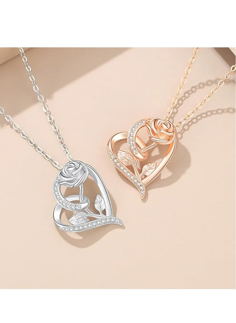 Mike Music - Elegantly Crafted 925 Sterling Silver Heart and Blooming Rose Pendant Necklace with Cubic Zirconia Accents - Image 1