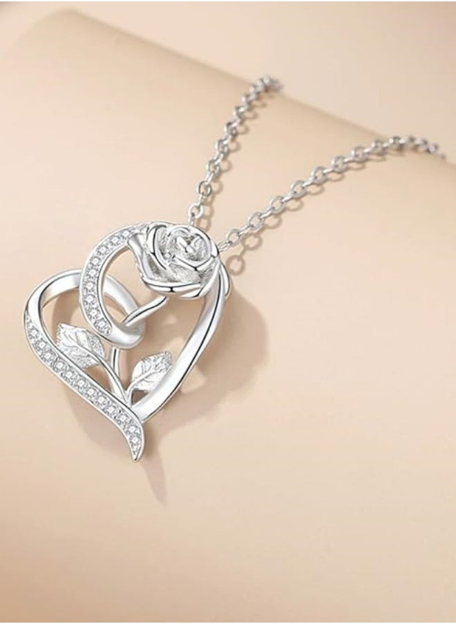 Mike Music - Elegantly Crafted 925 Sterling Silver Heart and Blooming Rose Pendant Necklace with Cubic Zirconia Accents - Image 1
