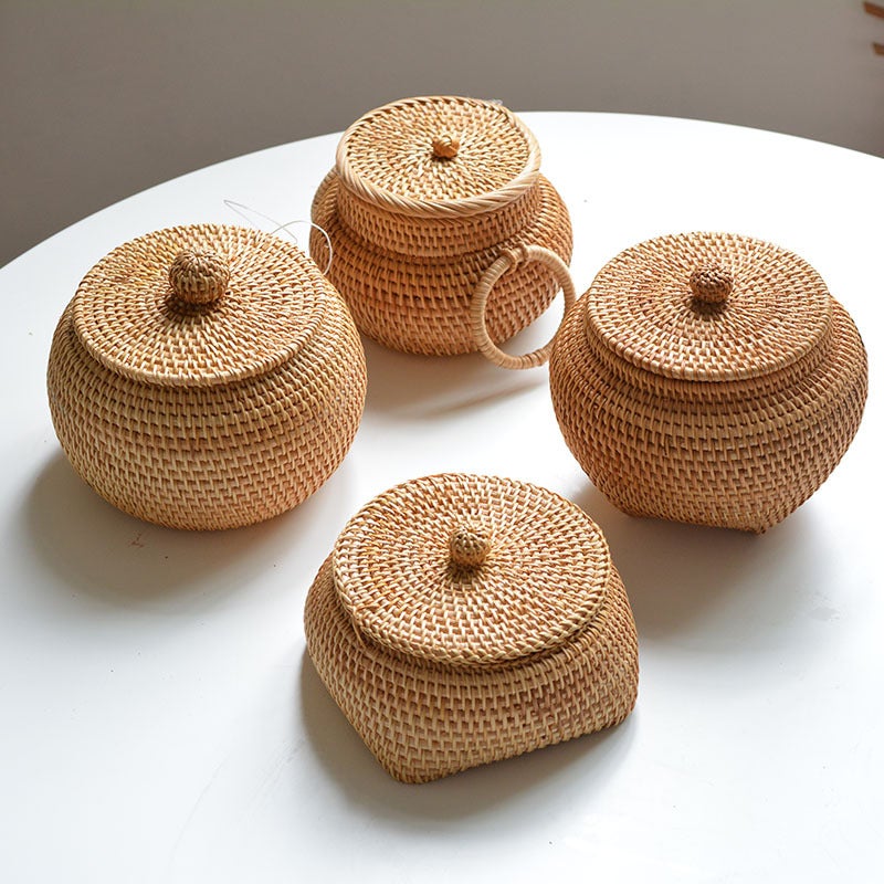 South Korea Autumn Rattan Woven Round Coffee Table Sundries Remote Control Modern Desktop Decorations Finishing With Lid Storage Box - Image 2
