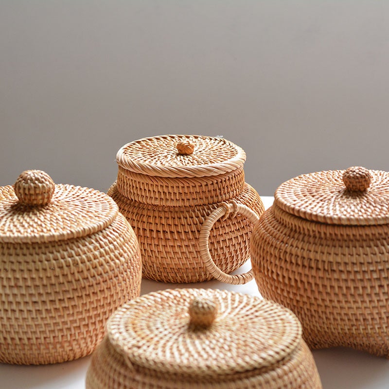 South Korea Autumn Rattan Woven Round Coffee Table Sundries Remote Control Modern Desktop Decorations Finishing With Lid Storage Box - Image 4