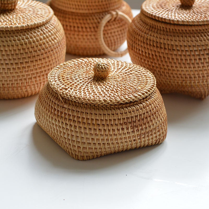 South Korea Autumn Rattan Woven Round Coffee Table Sundries Remote Control Modern Desktop Decorations Finishing With Lid Storage Box - Image 3