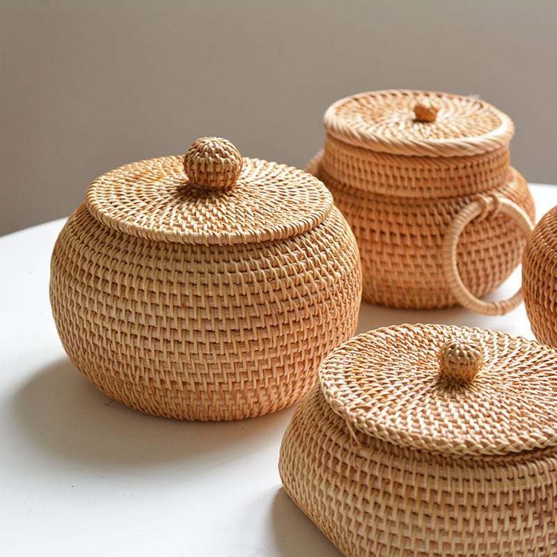 South Korea Autumn Rattan Woven Round Coffee Table Sundries Remote Control Modern Desktop Decorations Finishing With Lid Storage Box - Image 5