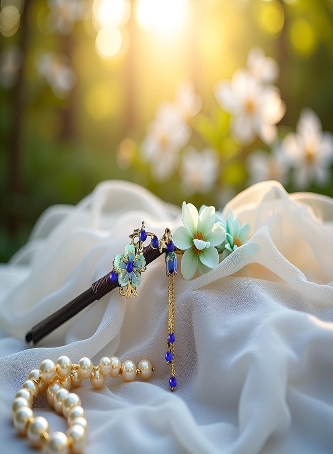 Zhuluck Blue Retro Vintage Flower Hair Stick - Wooden Hairpin with Tassel, Hair Securing for Wedding, Hairdressing, Hair Accessories for Adult Women Hair Care Beauty and Personal Care - Image 3