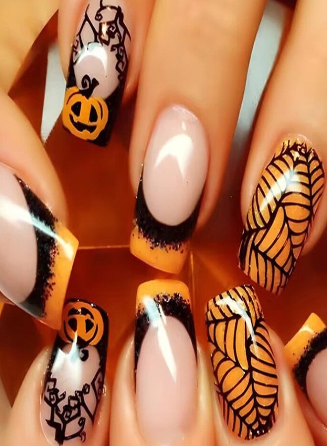 NICENEEDED 24 PCS Halloween Press on Nails, Short Square False Nails with Black Spider Web Designs, Orange Pumpkin False Nails for Women Manicure Art - Image 1