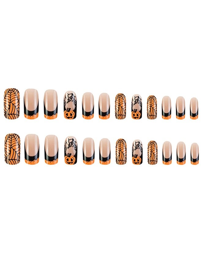 NICENEEDED 24 PCS Halloween Press on Nails, Short Square False Nails with Black Spider Web Designs, Orange Pumpkin False Nails for Women Manicure Art - Image 4