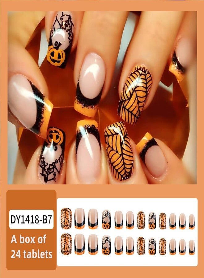 NICENEEDED 24 PCS Halloween Press on Nails, Short Square False Nails with Black Spider Web Designs, Orange Pumpkin False Nails for Women Manicure Art - Image 3