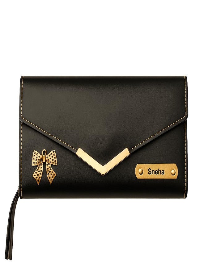 CELED Elegant Leather Envelope Clutch Purse with Gold Bow Accent, Metal Nameplate, Decorative Stitching, Women's Evening Handbag (Black) - Image 1