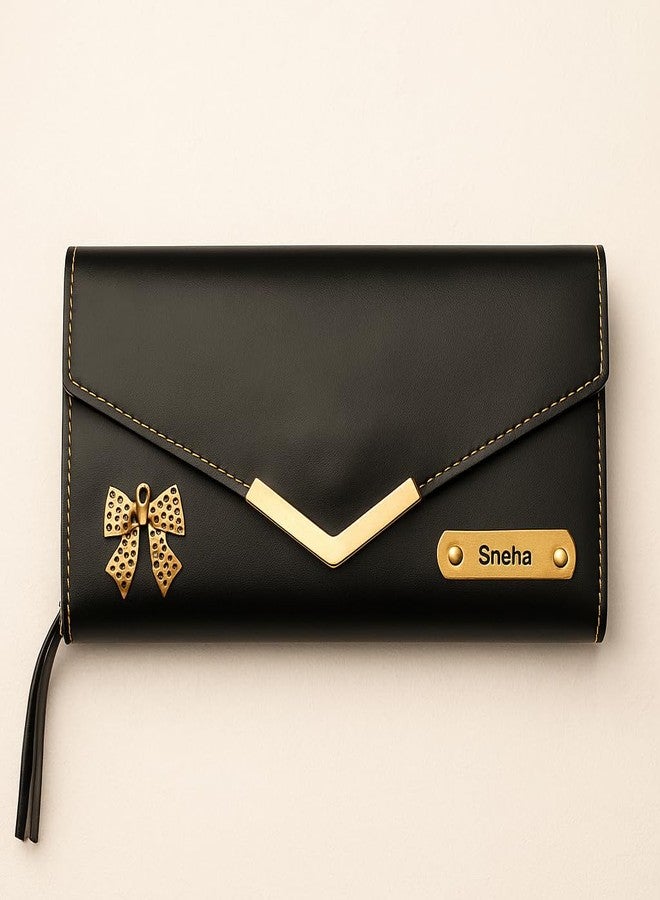 CELED Elegant Leather Envelope Clutch Purse with Gold Bow Accent, Metal Nameplate, Decorative Stitching, Women's Evening Handbag (Black) - Image 3