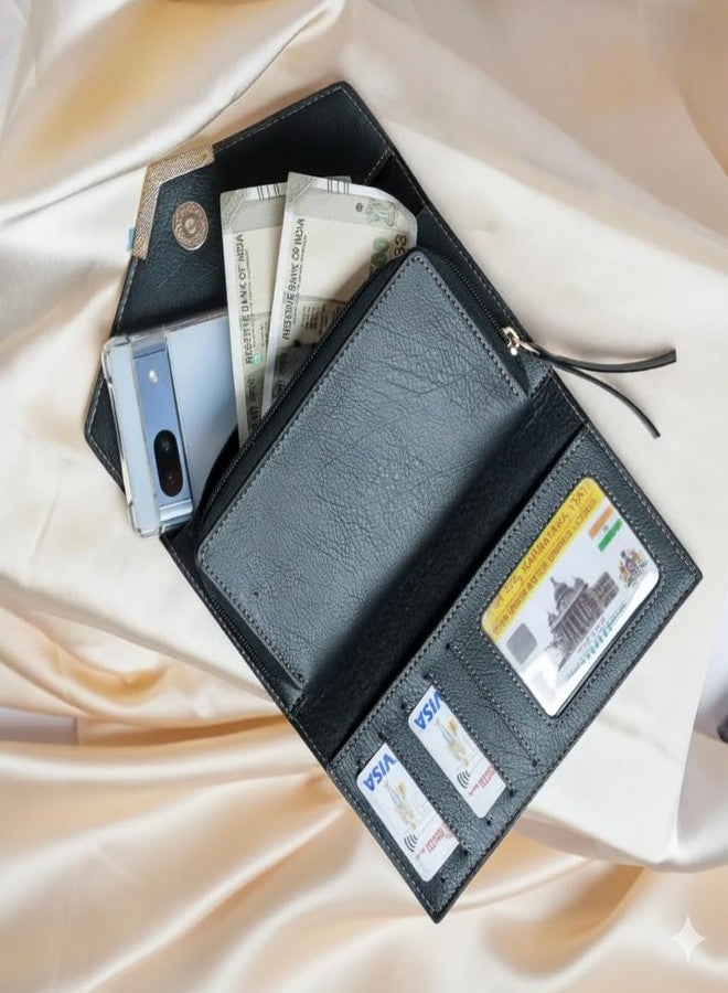 CELED Elegant Leather Envelope Clutch Purse with Gold Bow Accent, Metal Nameplate, Decorative Stitching, Women's Evening Handbag (Black) - Image 4