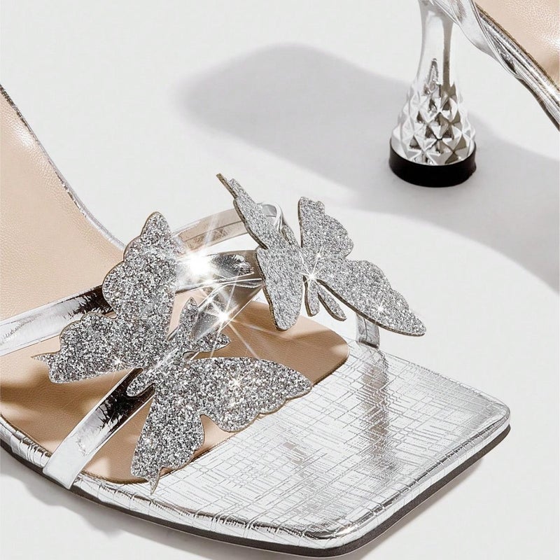 Women'S Round-Toe Three-Dimensional Flower Lacquer Heel Stiletto Sandals Women'S Shoes Elegant Silver High Heels - Image 5