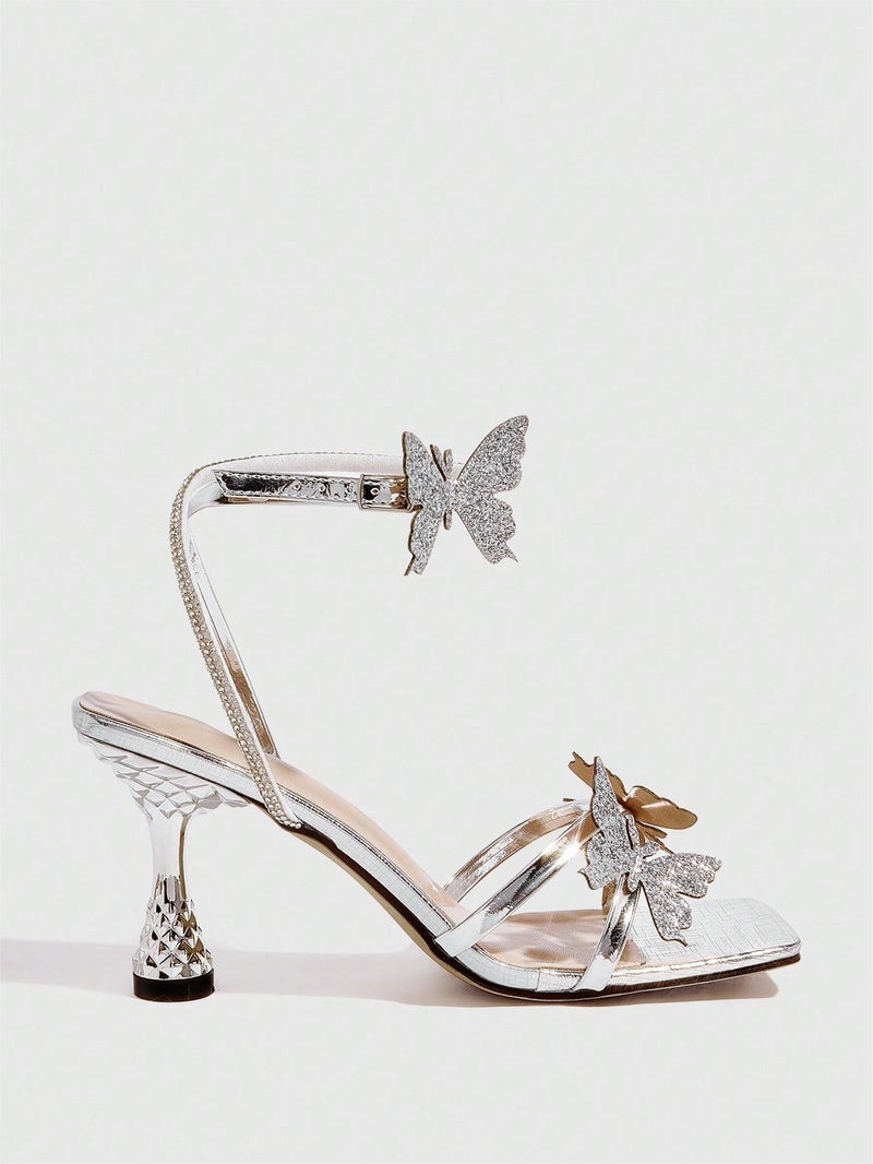 Women'S Round-Toe Three-Dimensional Flower Lacquer Heel Stiletto Sandals Women'S Shoes Elegant Silver High Heels - Image 1