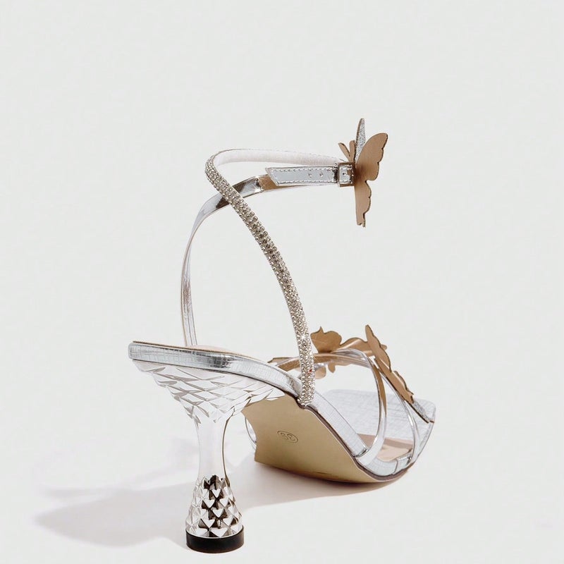Women'S Round-Toe Three-Dimensional Flower Lacquer Heel Stiletto Sandals Women'S Shoes Elegant Silver High Heels - Image 3