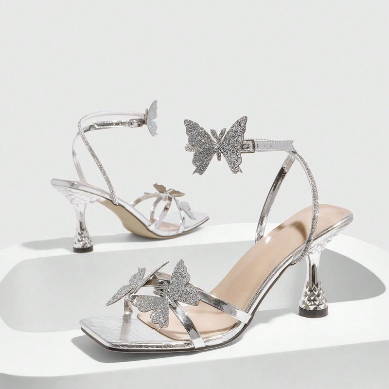Women'S Round-Toe Three-Dimensional Flower Lacquer Heel Stiletto Sandals Women'S Shoes Elegant Silver High Heels - Image 4