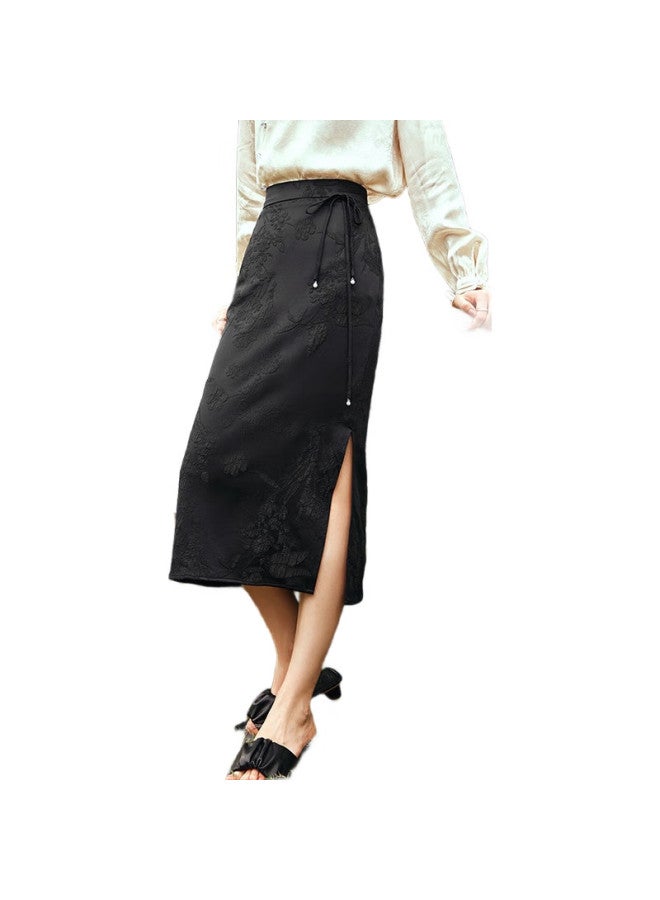 Olrain New Chinese-Style Midi Skirt For Women, Light National Style Tie-Up Jacquard High-Waist Slit Skirt, Black, Xl - Image 3