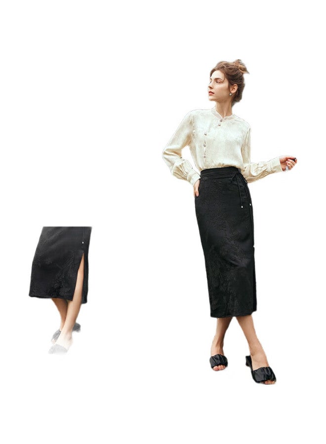 Olrain New Chinese-Style Midi Skirt For Women, Light National Style Tie-Up Jacquard High-Waist Slit Skirt, Black, Xl - Image 2