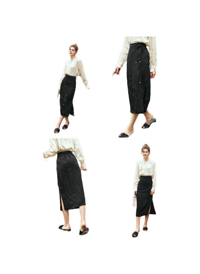 Olrain New Chinese-Style Midi Skirt For Women, Light National Style Tie-Up Jacquard High-Waist Slit Skirt, Black, Xl - Image 1