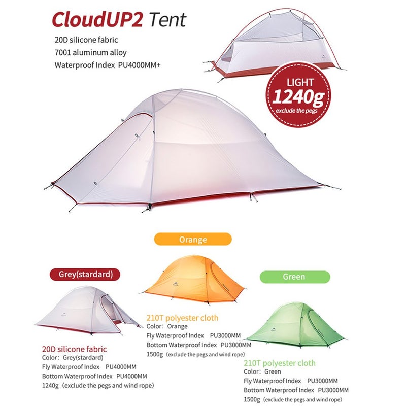 Naturehike Cloud-up 2 Ultralight Camping Tent for 2 Persons - Waterproof Double Layer Backpacking Tent 4 Seasons(gray) - Image 2