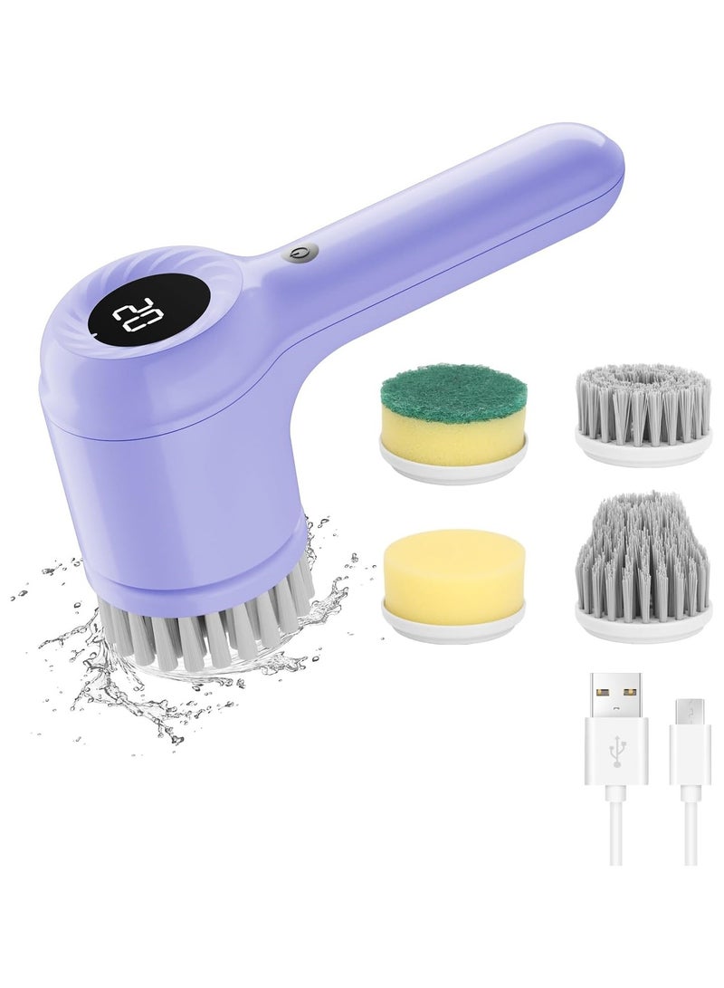 Electric Spin Scrubber, Power Scrubber Cordless Shower for Cleaning with led Display, Bathroom, Tub, Kitchen Stove, Tile Grout four Brush Heads (purple) - Image 1